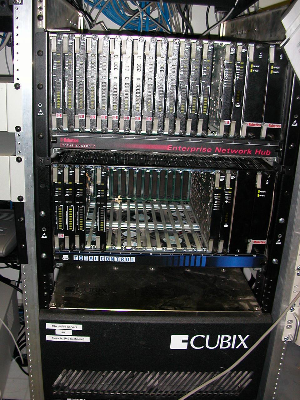 The ISP's main RAS equipment, US Robotics Total Control units.  The telco's cubix server is sitting below them.